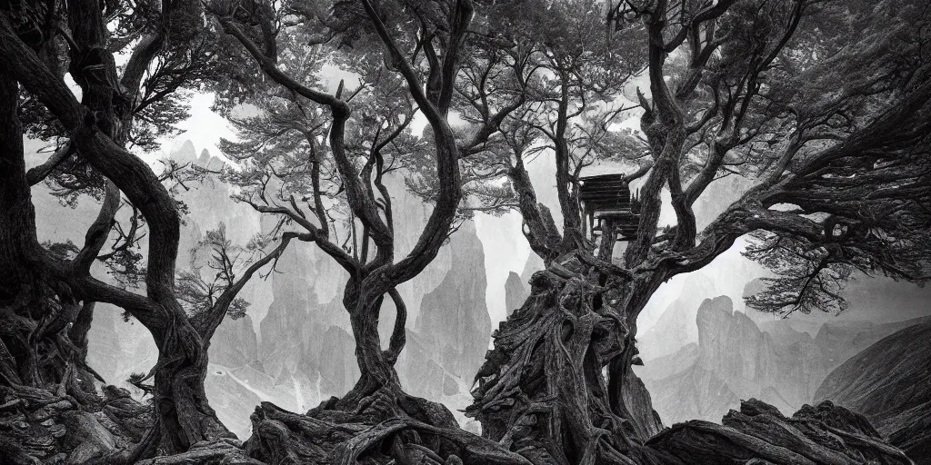 Image similar to ego perspective photography roots sprawling, climbing, forest, dolomites, alpine, detailed intricate insanely detailed octane render, 8k artistic 1920s photography, photorealistic, black and white, chiaroscuro, hd, by David Cronenberg, Raphael, Caravaggio