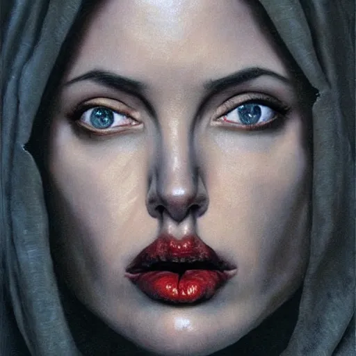 Image similar to portrait of Angelina Jolie with red glowing eyes in hood and crown of thorns, dark fantasy, Warhammer, artstation painted by Zdislav Beksinski and Wayne Barlowe