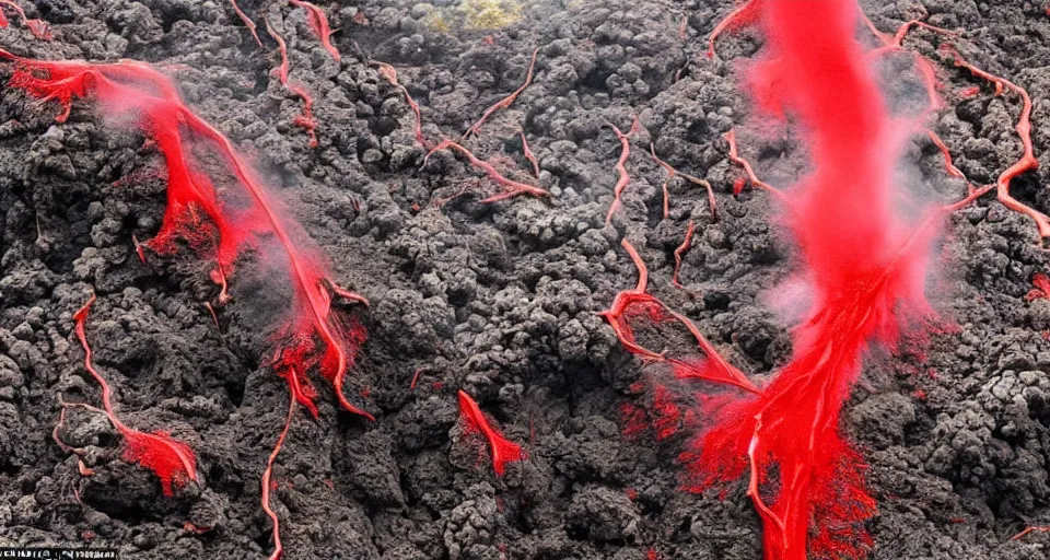 Prompt: a volcano made of ivory vines and crimson rocks enters in eruption, it spits a smoke in the shape of demonic eye, by a 8 years old kid,