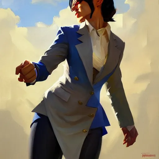 Image similar to greg manchess portrait painting of banker as overwatch character, medium shot, asymmetrical, profile picture, organic painting, sunny day, matte painting, bold shapes, hard edges, street art, trending on artstation, by huang guangjian and gil elvgren and sachin teng