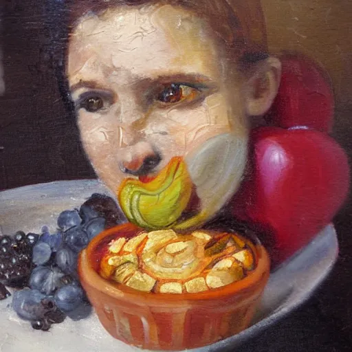 Prompt: food on the face old oil painting