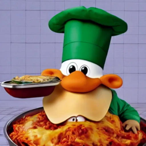 Image similar to cute platypus wearing a chef hat and holding a lasagna into an over, with three basil leaves over the lasagna, pixar style, ultradetailed, 3 d, ratatouille style