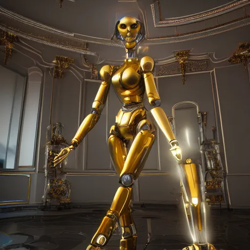 Image similar to octane render, a complex high poly cinematic 3 d model of a giant robotic android woman made out of porcelain with golden grout, jewel tone glowing eyes, fiber optic hair, inside a black rococo palace, 8 k, unreal enging, cinema 4 d, cinematic angle