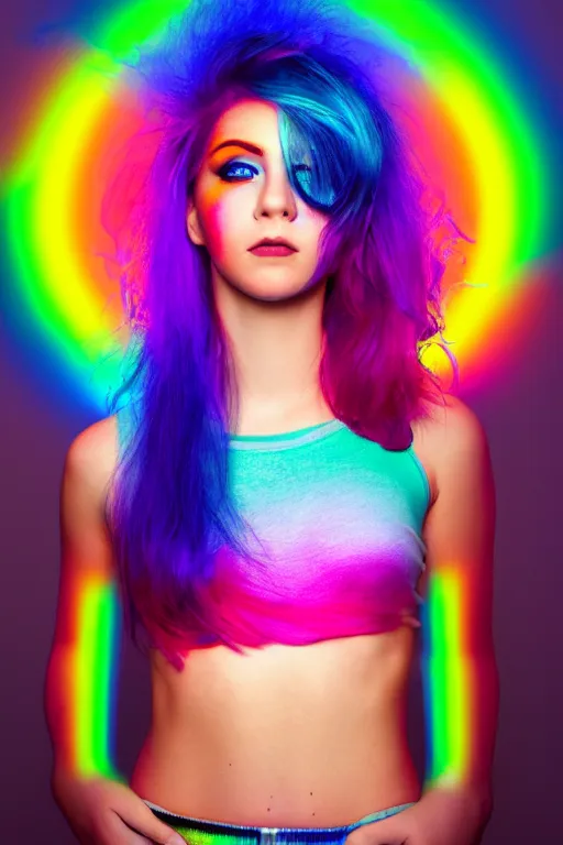 Image similar to a award winning half body portrait photograph of a beautiful woman with stunning eyes in a croptop and cargo pants with rainbow colored hair, routlined by whirling illuminated neon lines, outrun, vaporware