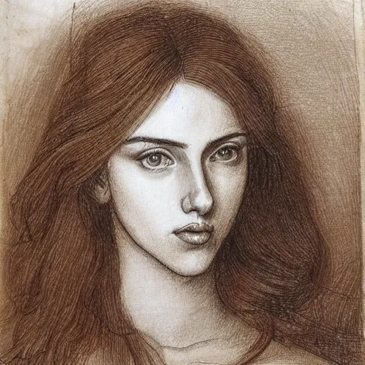 Image similar to a finished, detailed portrait drawing with reddish brown ink on parchment of a very young italian woman resembling scarlett johansson and ana de armas, by leonardo davinci in davinci's style from one of his notebooks