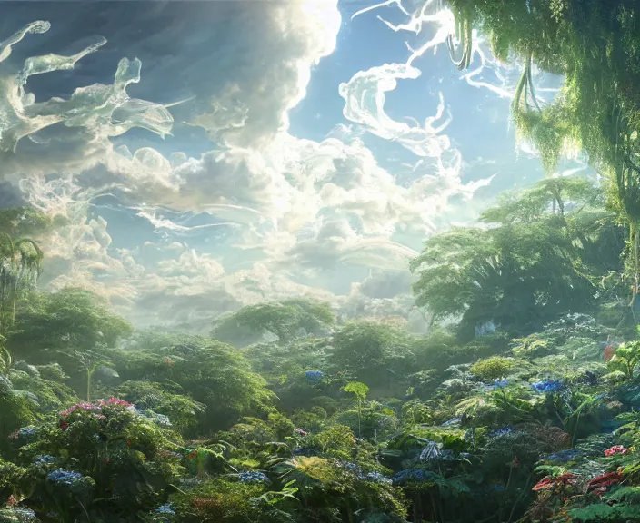 Image similar to transparent clear see - through image of twisting clouds, lush botany, floral environment, ultra realistic, concept art, art nouveau, photorealistic, octane render, 8 k, unreal engine. art by gustave dore and nori inoguchi and sam kaplan and zachary goulko and christopher marley and artgerm and alphonse mucha