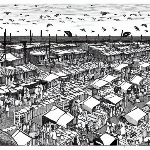 Image similar to a black and white drawing of a busy fish market stretching to the horizon, a storybook illustration by mattias adolfsson, behance contest winner, modern european ink painting, matte drawing, storybook illustration, panoramic, isometric