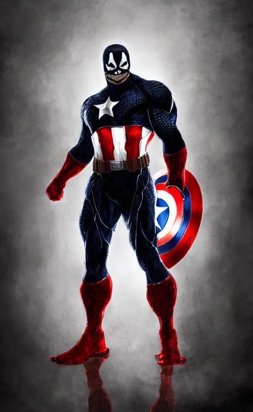 Image similar to full body portrait of venom as captain america, dynamic lighting, cinematic, ultra detailed, trending on art station, stunning visuals, creative, fantasy concept art