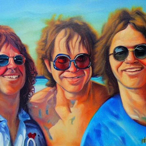 Prompt: Elton hippies na praia, oil Painting, ultradetailed