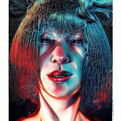 Image similar to portrait of crazy beautiful singer sia kate isobelle furler, ymmetrical, by yoichi hatakenaka, masamune shirow, josan gonzales and dan mumford, ayami kojima, takato yamamoto, barclay shaw, karol bak, yukito kishiro