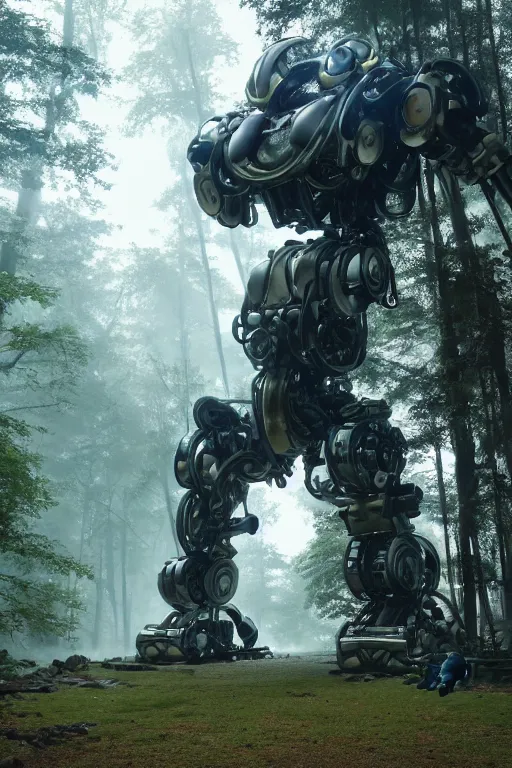 Prompt: A large mechanical robot statue in the middle of a forest by Greg Rutkowski, Sung Choi, Mitchell Mohrhauser, Maciej Kuciara, Johnson Ting, Maxim Verehin, Peter Konig, final fantasy , 8k photorealistic, cinematic lighting, HD, high details, atmospheric,