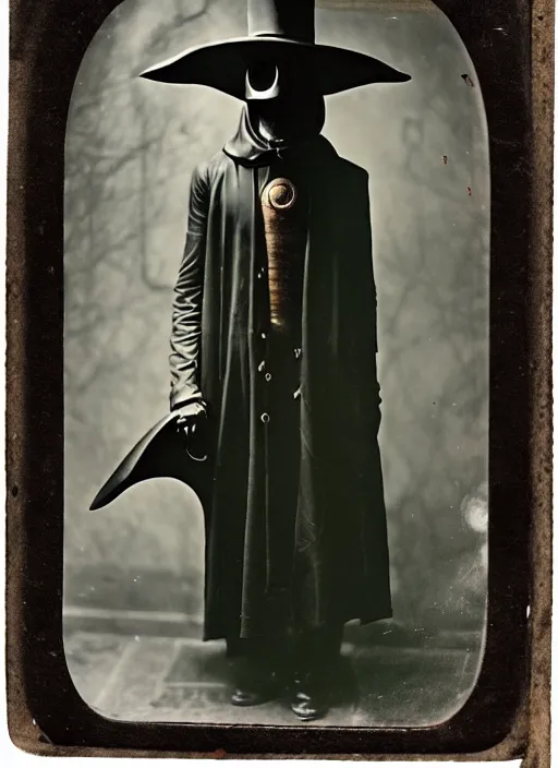 Prompt: 1910s photograph of a futuristic plague doctor in Steampunk leather high fashion Gothic bespoke couture storybook wide shot taken on A poloroid photograph from a large format camera Daguerreotype from the year 3020 in Kodachrome