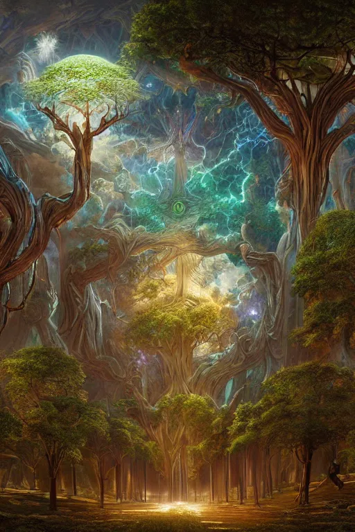 Prompt: tree of life, four seasons, volymetric light, highly detailed matte painting by ohrai, charlie bowater and mark brooks
