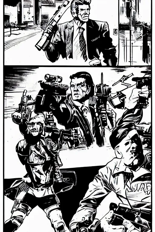 Prompt: ronald reagan holding a gun, a page from cyberpunk 2 0 2 0, style of paolo parente, style of mike jackson, adam smasher, johnny silverhand, 1 9 9 0 s comic book style, white background, ink drawing, black and white, colouring pages