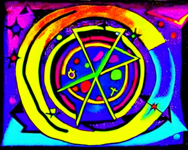 Image similar to Layered colorful magic spells in guernica style. Neon geometric inks artwork. Elemental envelopment of the arcane master mage's ritual