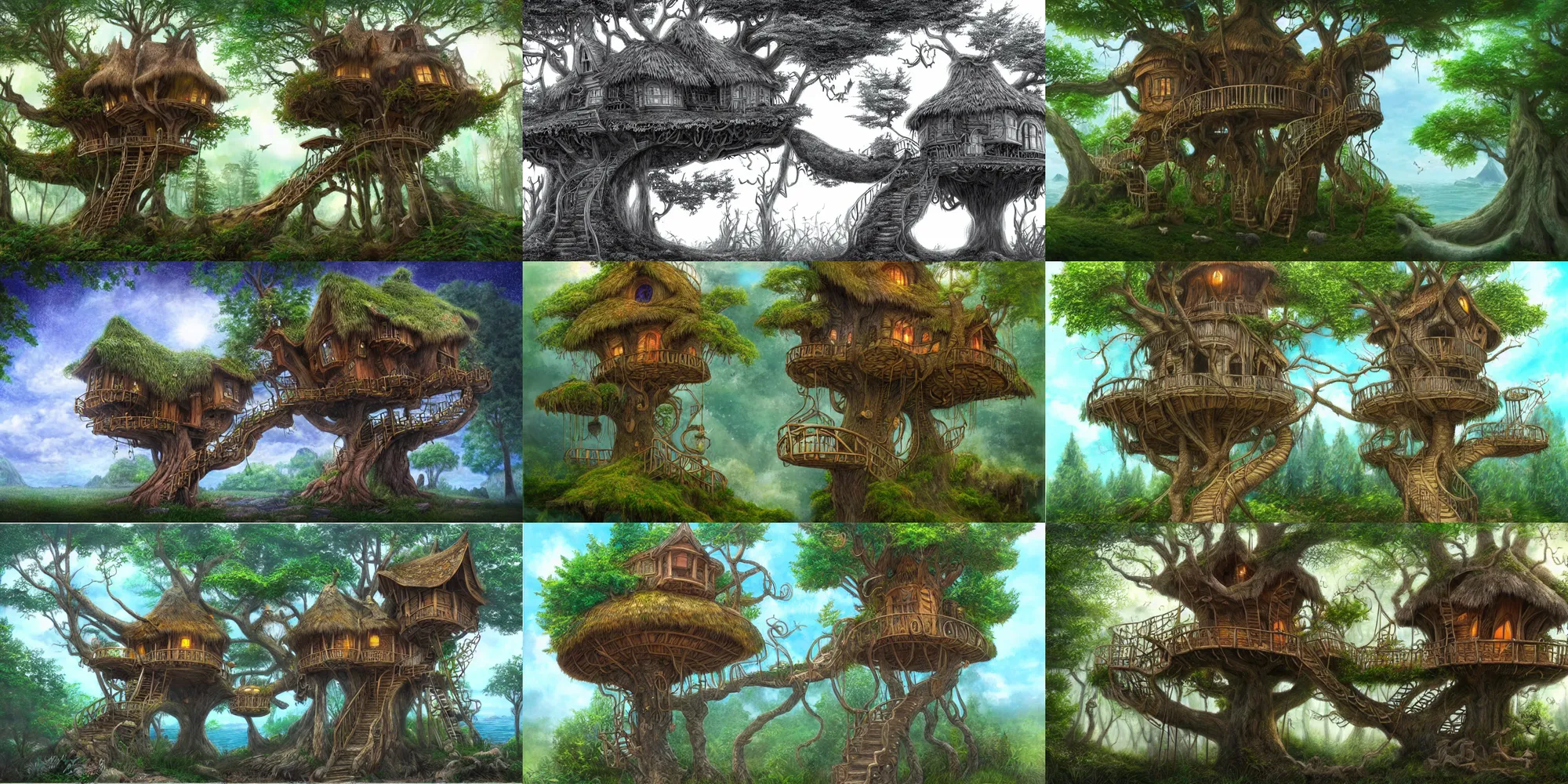 Prompt: highly realistic and detailed artist style of a magical mystical fantasy treehouse on an magical mystical island