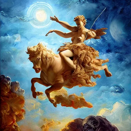 Prompt: a beautiful impasto oil painting of europa riding on zeus as a taurus by andy warholl, digital art