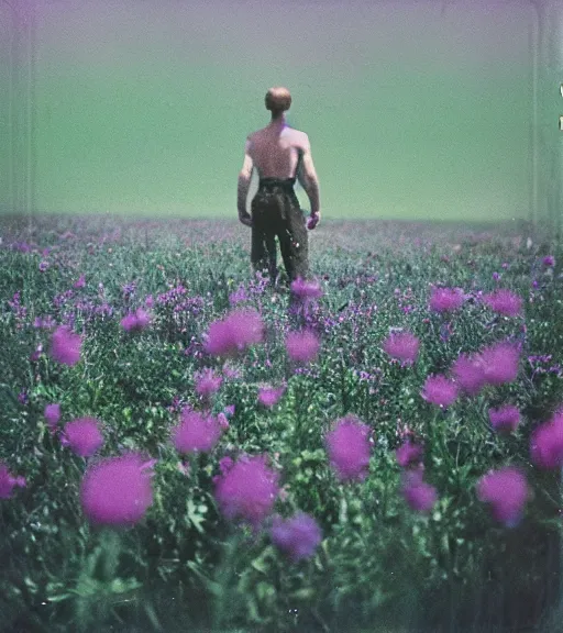 Image similar to mystical death god standing in tall meadow of flowers, distant, vintage film photo, grainy, high detail, high resolution