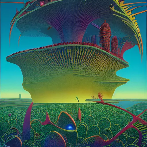 Image similar to striking colours vivid, gaps holes, neonothopanus, creatures, metropolis in distance, moons, realistic landscape art by roger dean, reflections, art by michael whelan, organic textures, seedpods, art by kilian eng, moebius artwork, hires 8 k detailed natural textures