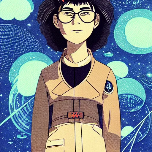 Prompt: a space ship pilot, cool woman, 1 9 8 0 s japanese science fiction, studio ghibli style, by katsuya kondo, illustration, character portrait, concept, detailed masterpiece