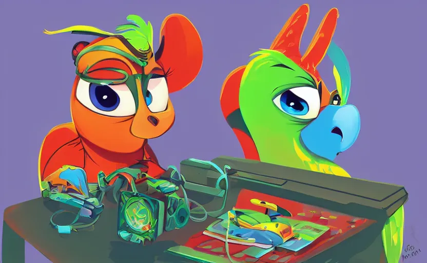 Image similar to “ one cute parrot with very big eyes, wearing a bandana and chain, holding a laser gun, standing on a desk, digital art, award winning, in the style of the movie zootopia ”