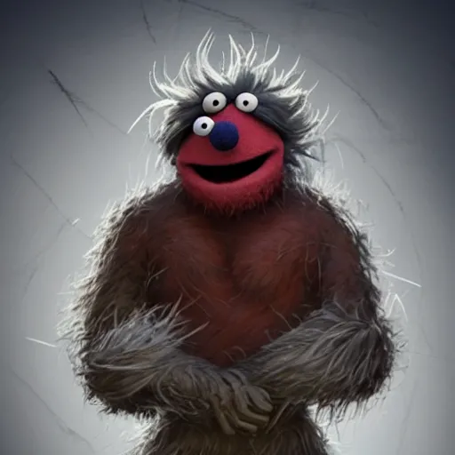 Image similar to a still of a forgotten muppet character looking very manly and modern, hilarious, laughing, hairy chest, huge chin, manly monster tough guy, roughled fur, photo real, photographic, photograph, artstation, trending, featured