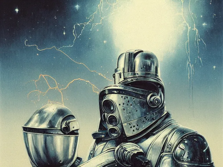 Prompt: a detailed profile painting of a bounty hunter in polished armour and visor. Fencing mask and sparks. cinematic sci-fi poster. Cloth and metal. Welding, fire, flames, samurai Flight suit, accurate anatomy portrait symmetrical and science fiction theme with lightning, aurora lighting clouds and stars. Clean and minimal design by beksinski carl spitzweg giger and tuomas korpi. baroque elements. baroque element. intricate artwork by caravaggio. Oil painting. Trending on artstation. 8k