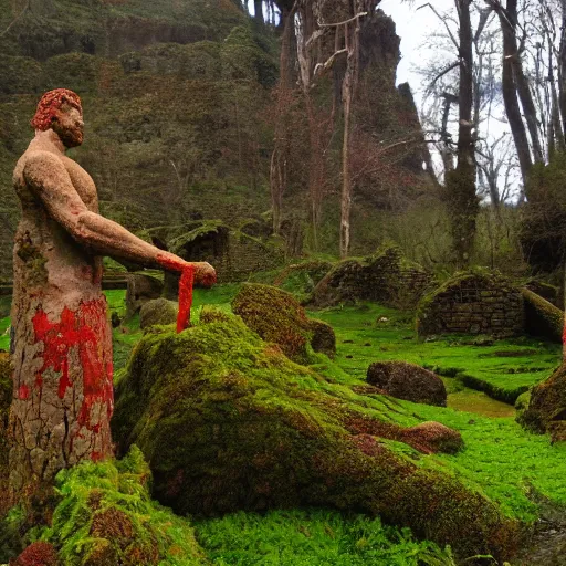 Image similar to the ruins of a giant stone brick village in a breathtaking landscape, red vines and moss growing over everything, a broken stone statue of a man with a red stone sword pointing into the distance