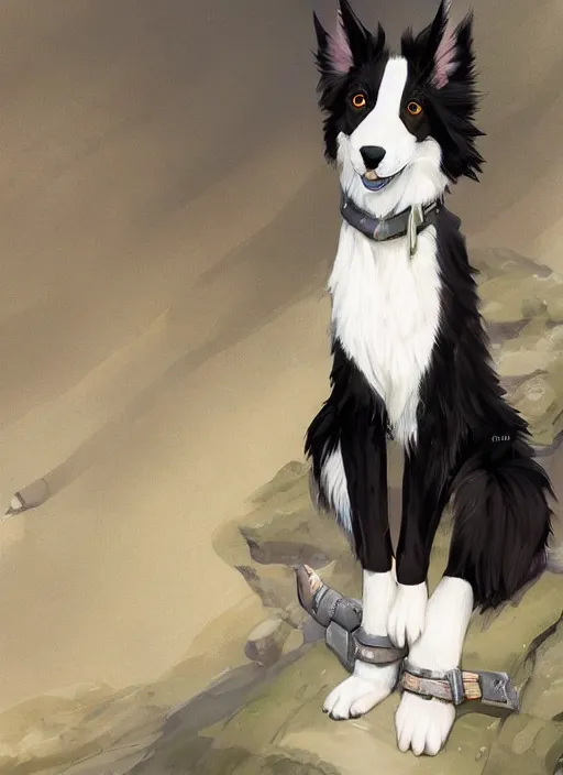 Image similar to wide angle beautiful full body portrait of a cute male anthropomorphic anthro border collie fursona wearing a jumpsuit on basalt columns, character design by charlie bowater, henry asencio, and ross tran, disney, scenic background, detailed, glamor pose, aesthetic, trending on artstation, furaffinity, deviantart