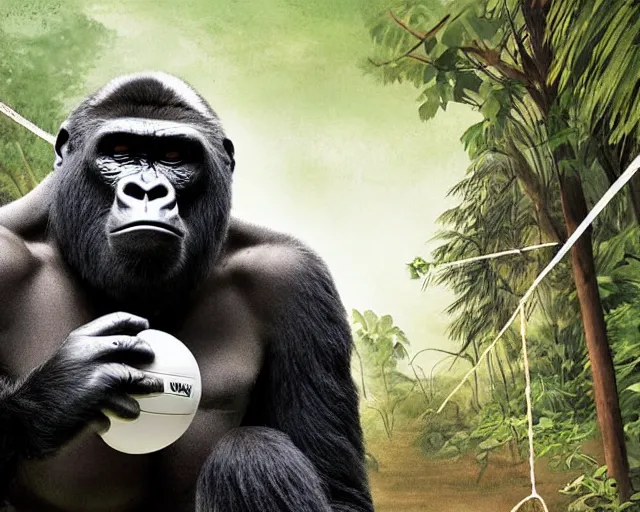 Image similar to a gorilla playing volleyball in a jungle, holding a volleyball, volleyball net, digital art, in the style of greg rutkowski