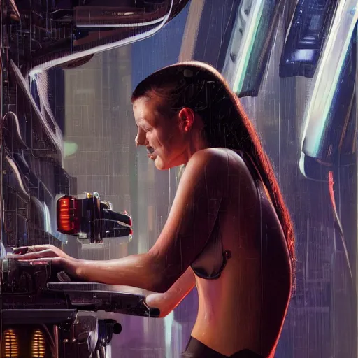 Image similar to detailed face of a biomechanical woman, moment, cyberpunk cloisters, electronic billboards, tech noir, wet reflections, prism, atmospheric, ambient, pj crook, syd mead, livia prima, greg rutkowski, edward hopper