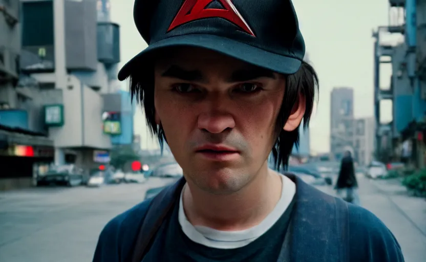 Image similar to cinestill 5 0 d candid photographic portrait by quentin tarantino of ash ketchum from pokemon, extreme long shot, modern cyberpunk moody emotional cinematic, clear skies, 8 k, hd, high resolution, 3 5 mm, f / 3 2, ultra realistic faces, ex machina