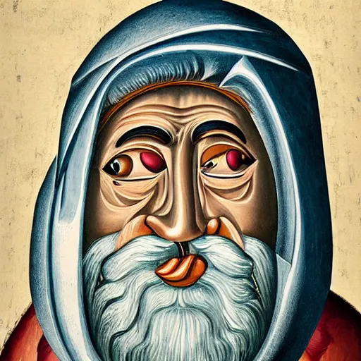 Prompt: portrait of ancient silly greek man with big eyes, sharp nose, and big open mouth. fine detail. artistic painting by lurid