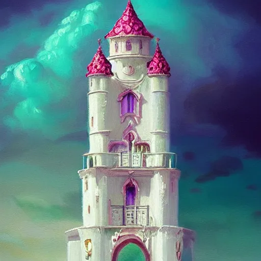 Image similar to a delicate ornate white fantasy tower with pink and green decoration splashes upwards from a turbulent ocean, dramatic lighting, rich colors, beautiful oil painting, artstation