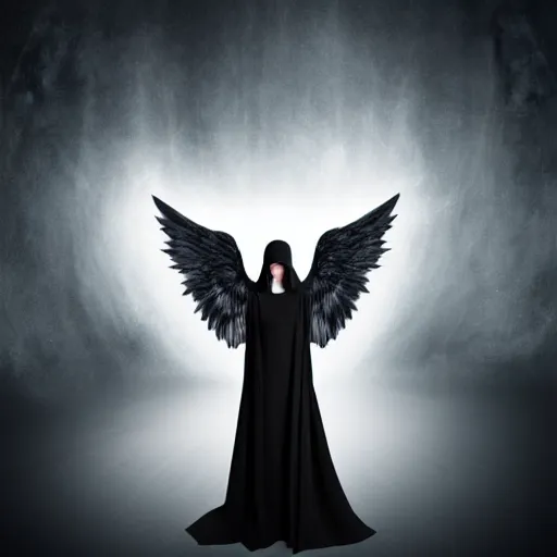 Image similar to dark cloaked angel with long black garments and beautiful black wings floating in the void of space, surrealistic, matte painting