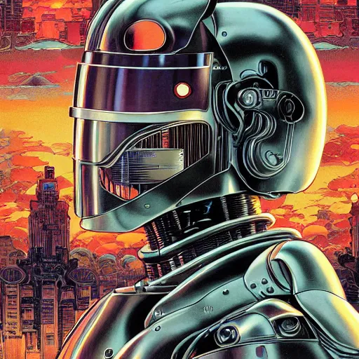 Image similar to portrait closeup of crazy robocop, symmetrical, cinematic colors, by yoichi hatakenaka, masamune shirow, josan gonzales and dan mumford, ayami kojima, takato yamamoto, barclay shaw, karol bak, yukito kishiro