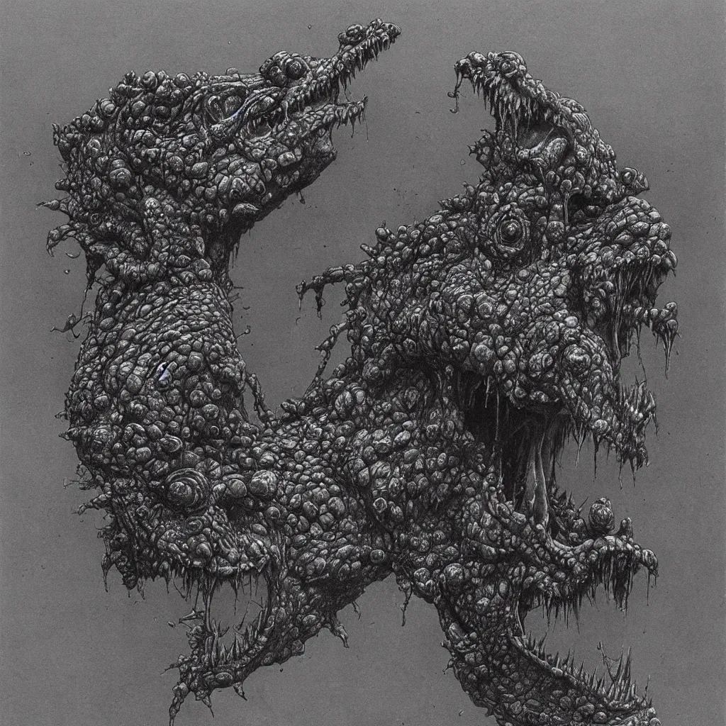 Prompt: horrifying crocodile creature, necromorph, in the style of zdislaw beksinski