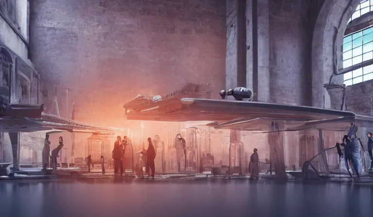 Image similar to group of people in bare walled museum, looking at hologram of futuristic city on a table, cinematic concept art, godrays, golden hour, natural sunlight, 4 k, clear details, tabletop model buildings, center model buildings, hologram center, crane shot, crane shot, crane shot