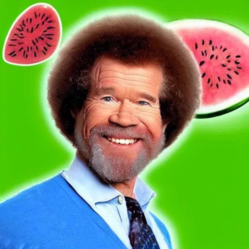 Image similar to bob ross as a watermelon