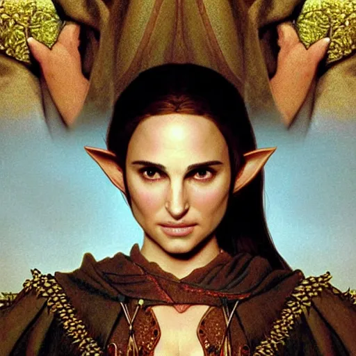 Image similar to head and shoulders portrait 3 5 mm photo from “ lord of the rings ” of natalie portman as a female elf sorceress, by kuvshinov ilya, wayne barlowe, gustav klimt, artgerm, and william - adolphe bouguereau