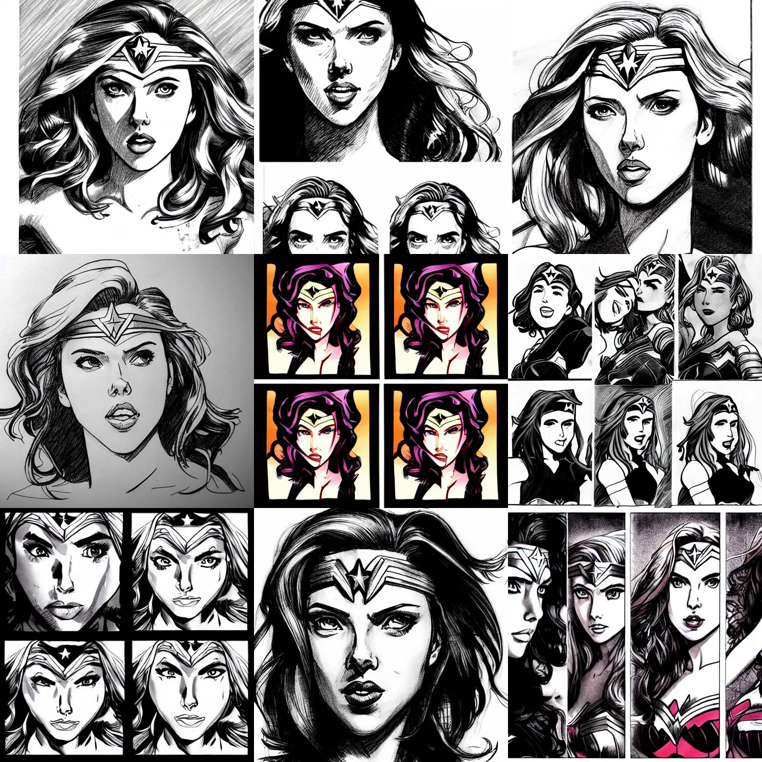 Prompt: 3 panels of scarlett johansson with happy expression as wonder woman, dramatic lighting, anime style, pencil and ink manga drawing,