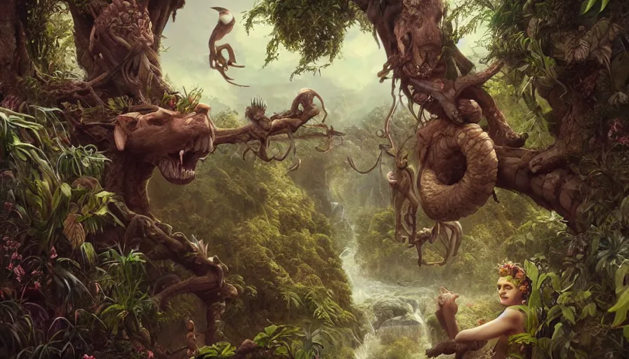 Prompt: Garden of Eden, Terrestrial Paradise, animals leaving in the paradise, creature design, insanely detailed and intricate, Charlie Bowater, Tom Bagshaw, Norman Rockwell, high resolution, photorealistic, octane rendered, unreal engine, illustration, trending on artstation, masterpiece, 8k