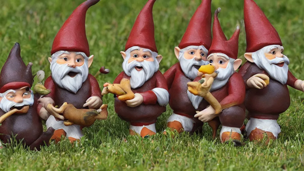 Image similar to a pack of gnomes feasting on a gazelle