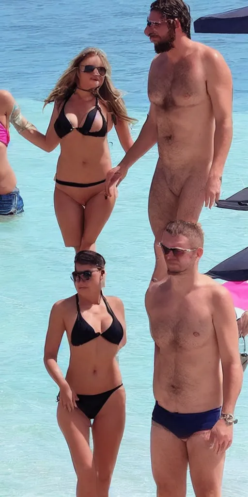 Image similar to photo of a 4 0 year old man that looks young for his age dating a very attractive 2 2 year old woman wearing a bikini. his wife is visibly upset in the background. lol