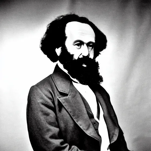 Image similar to Karl Marx in a dress, photoshoot, 30mm, Taken with a Pentax1000, studio lighting