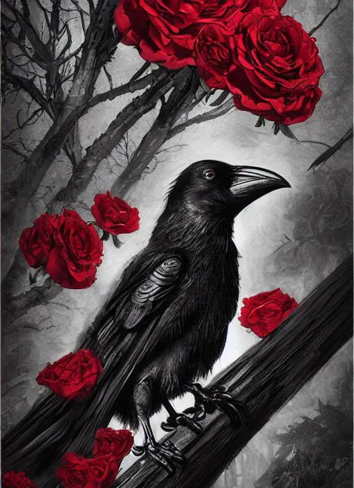 Image similar to portrait, A crow with red eyes in front of the full big moon, book cover, red roses, red white black colors, establishing shot, extremly high detail, foto realistic, cinematic lighting, pen and ink, intricate line drawings, by Yoshitaka Amano, Ruan Jia, Kentaro Miura, Artgerm, post processed, concept art, artstation, matte painting, style by eddie mendoza, raphael lacoste, alex ross