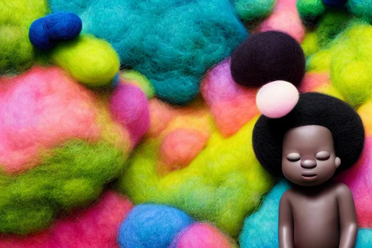 Prompt: a wide angle landscape portrait of a black boy with a colorful afro, meditating in an african zen garden with a pink waterfall, moon light, by goro fujita, pixar, felt texture, bokeh!!, volumetric wool felting, radiant light, amigurumi, macro photography, miniature world, depth of field, breathtaking landscape, detailed environment