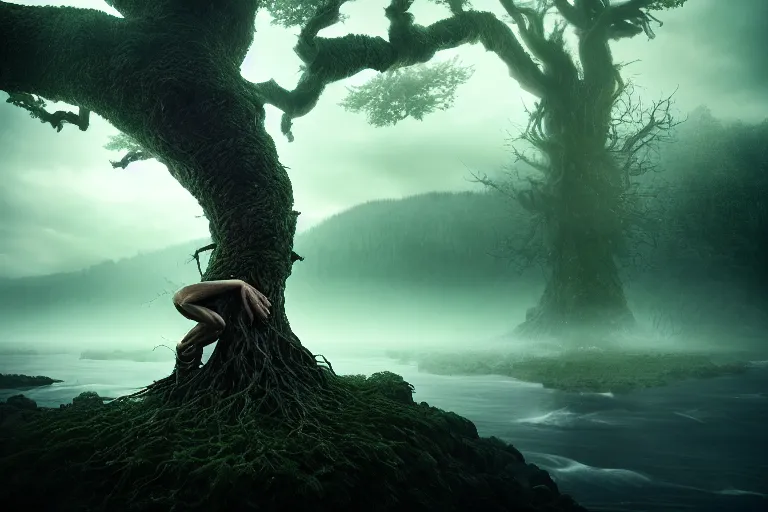 Image similar to an ultra realistic, cinematic headshot portrait, of an evil tree wizard, background of a vast serene landscape, with trees and rivers, detailed, deep focus, movie still, dramatic lighting, ray tracing, by michal karcz and yoshitaka amano