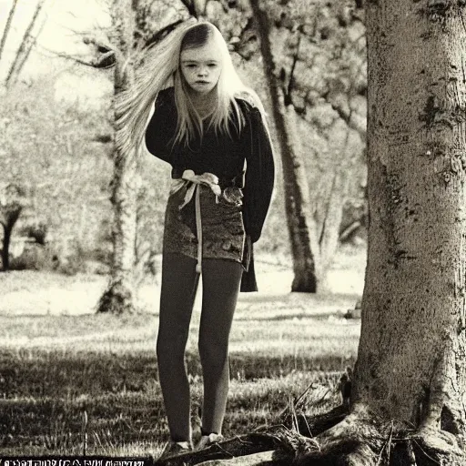 Prompt: a grainy creepy photo found footage of Elle Fanning caught creeping up on behind a tree in the night and staring at the camera, flash photography, in the 1980's
