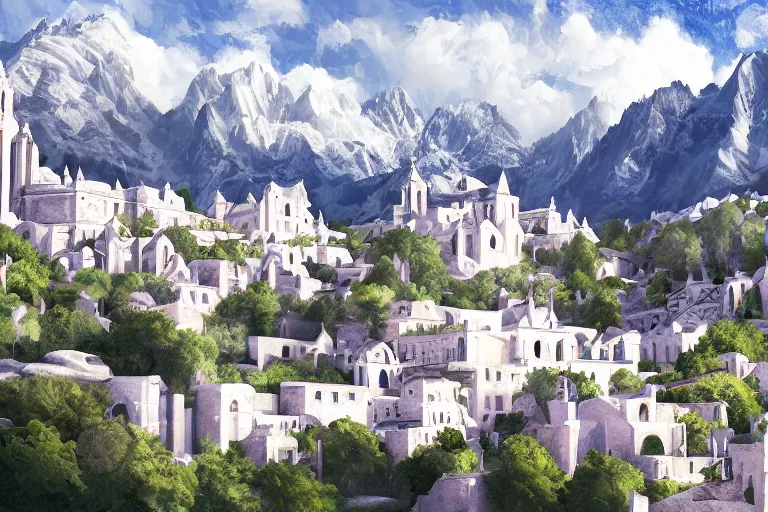 Image similar to An ancient gothic city with white buildings with mountains in the background, digital painting, soft lighting, high detail